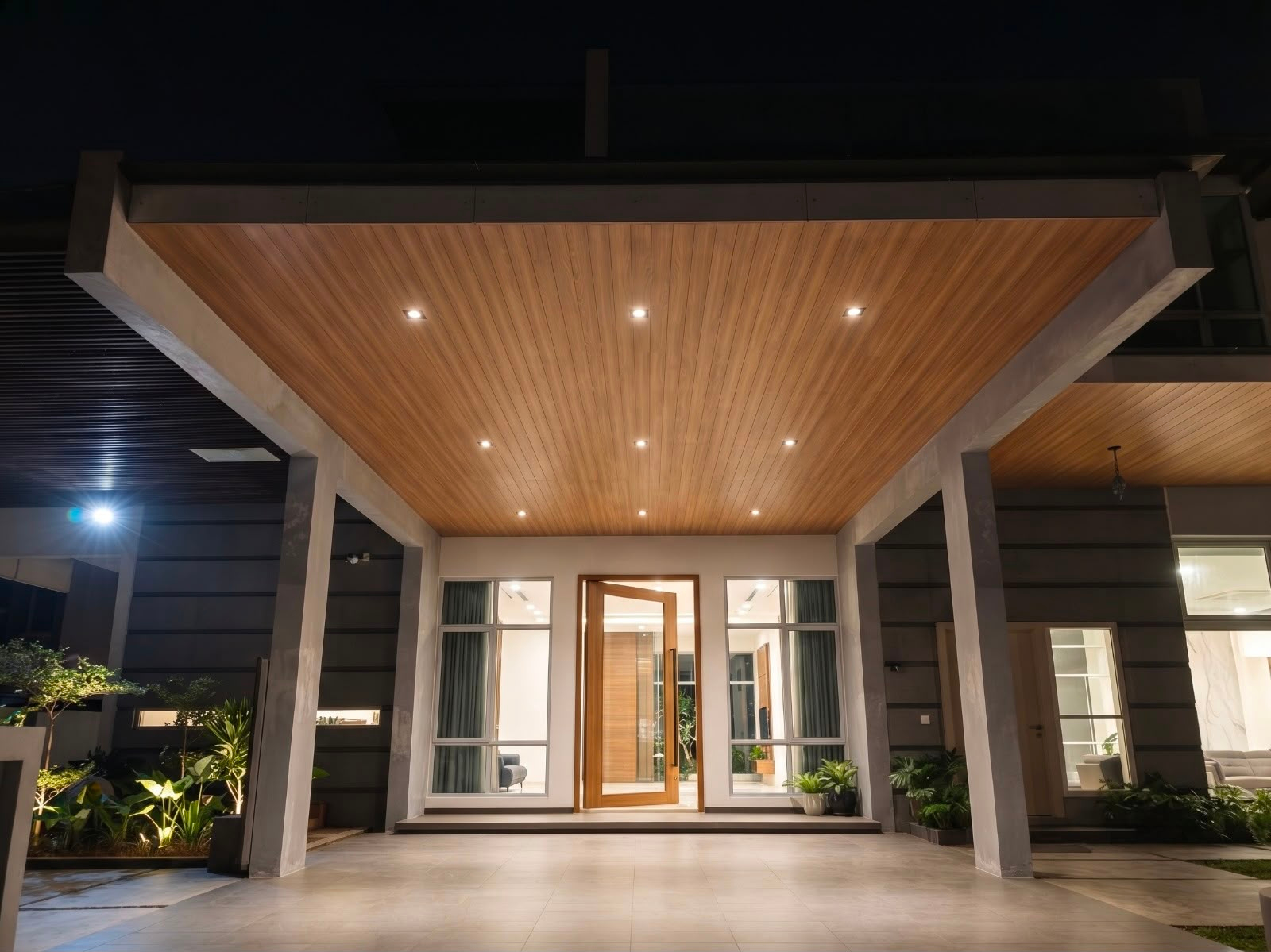 Wood-grain aluminium ceiling installation detail